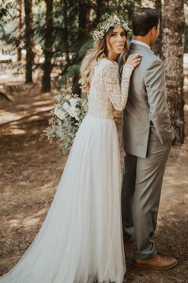 Roycebridal Beautiful A-line Tulle Lace Long Sleeves Wedding Dresses, Bridal Gowns, MW590