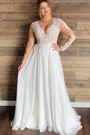 Roycebridal Chiffon A-line Long Sleeves Lace Appliques Plus Size Wedding Dresses, MW796