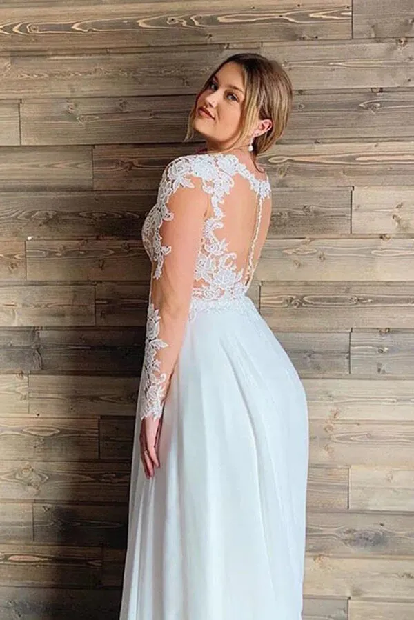 Roycebridal Chiffon A-line Long Sleeves Lace Appliques Plus Size Wedding Dresses, MW796