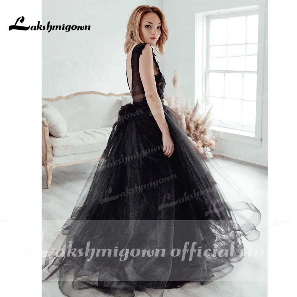 Roycebridal Gothic Black Wedding Dress 2021 Ruffle Ball Gown Bride Dress Backless Robe de Mariage Dresses for women Lakshmigown