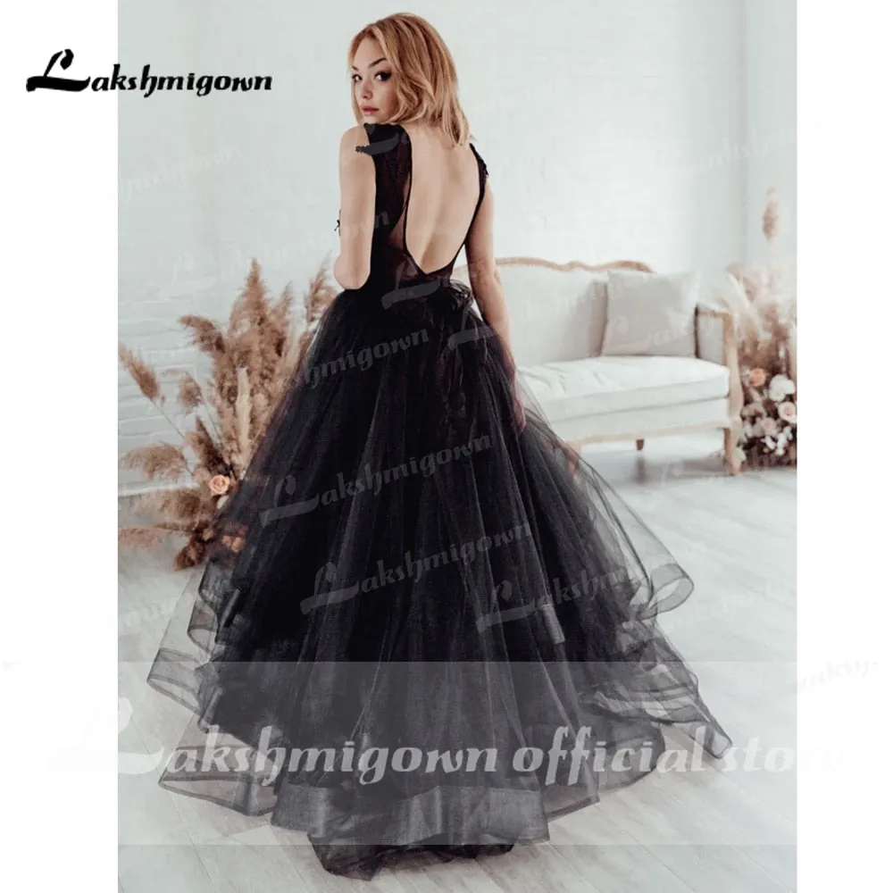 Roycebridal Gothic Black Wedding Dress 2021 Ruffle Ball Gown Bride Dress Backless Robe de Mariage Dresses for women Lakshmigown
