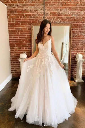Roycebridal Ivory A-line Tulle Lace V-neck Spaghetti Straps Long Wedding Dresses, MW709