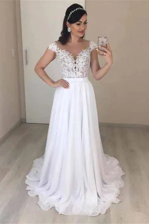 Roycebridal Lace A-line V-neck Cap Sleeves Wedding Dresses, Chiffon Wedding Gown, MW720