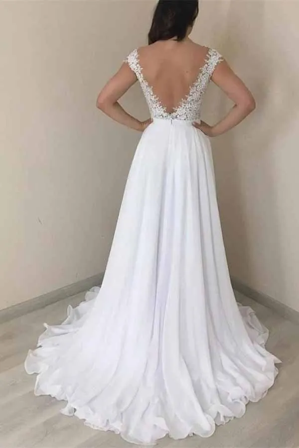 Roycebridal Lace A-line V-neck Cap Sleeves Wedding Dresses, Chiffon Wedding Gown, MW720