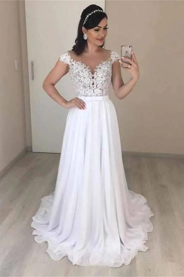 Roycebridal Lace A-line V-neck Cap Sleeves Wedding Dresses, Chiffon Wedding Gown, MW720