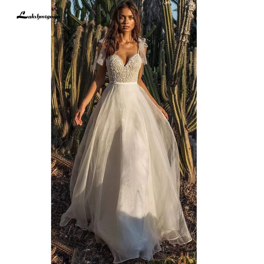 Roycebridal Lace Organza V Neck boho Wedding Dresses A Line