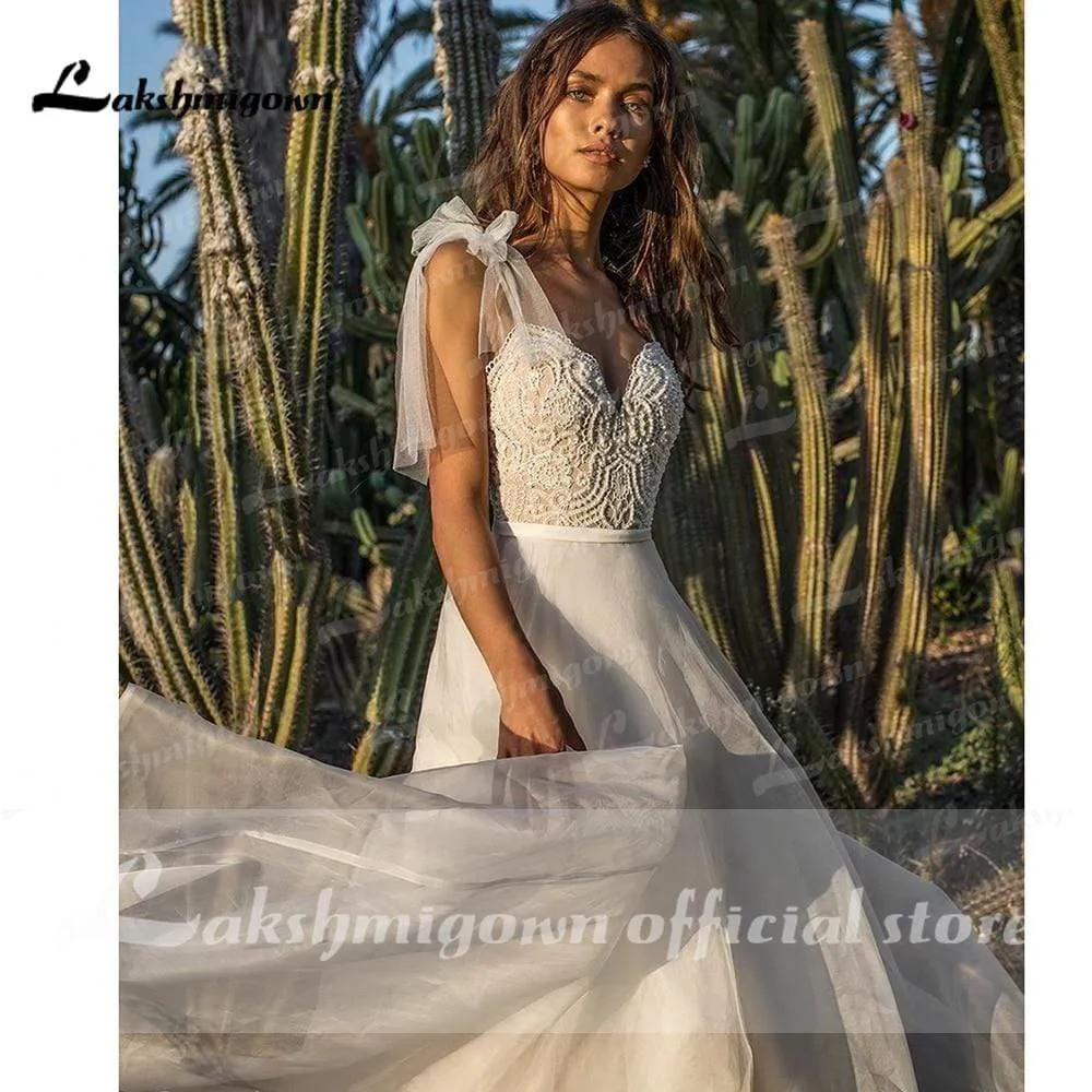 Roycebridal Lace Organza V Neck boho Wedding Dresses A Line
