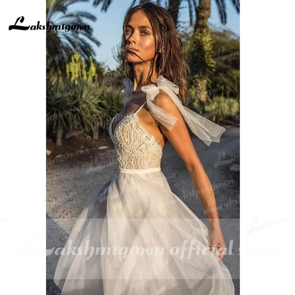Roycebridal Lace Organza V Neck boho Wedding Dresses A Line