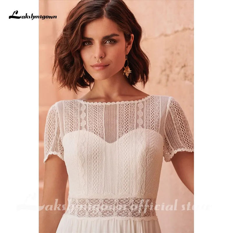 Roycebridal Lakshmigown Bohemian High Neck Beach A-Line Wedding Dresses Short Sleeves Chiffon Wedding Dress Bridal Gowns Vestido De Novia