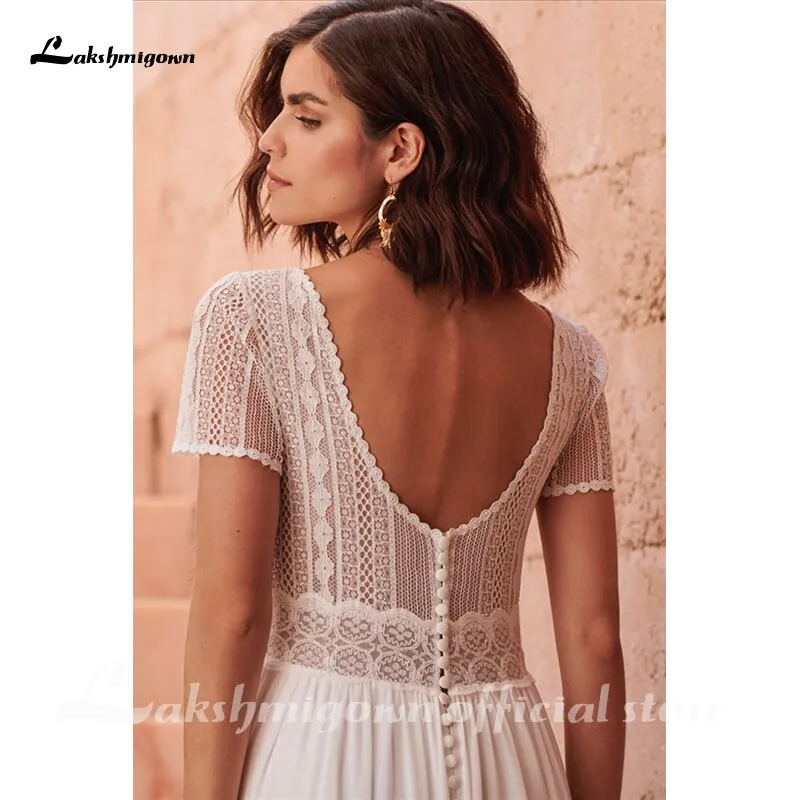 Roycebridal Lakshmigown Bohemian High Neck Beach A-Line Wedding Dresses Short Sleeves Chiffon Wedding Dress Bridal Gowns Vestido De Novia