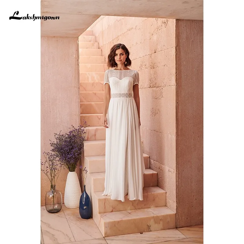 Roycebridal Lakshmigown Bohemian High Neck Beach A-Line Wedding Dresses Short Sleeves Chiffon Wedding Dress Bridal Gowns Vestido De Novia