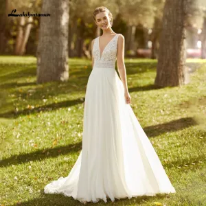Roycebridal Lakshmigown Elegant Beach Wedding Dresses 2021 vestido de novia V Neck Boho Vintage Chiffon Wedding Bride Gown for Women