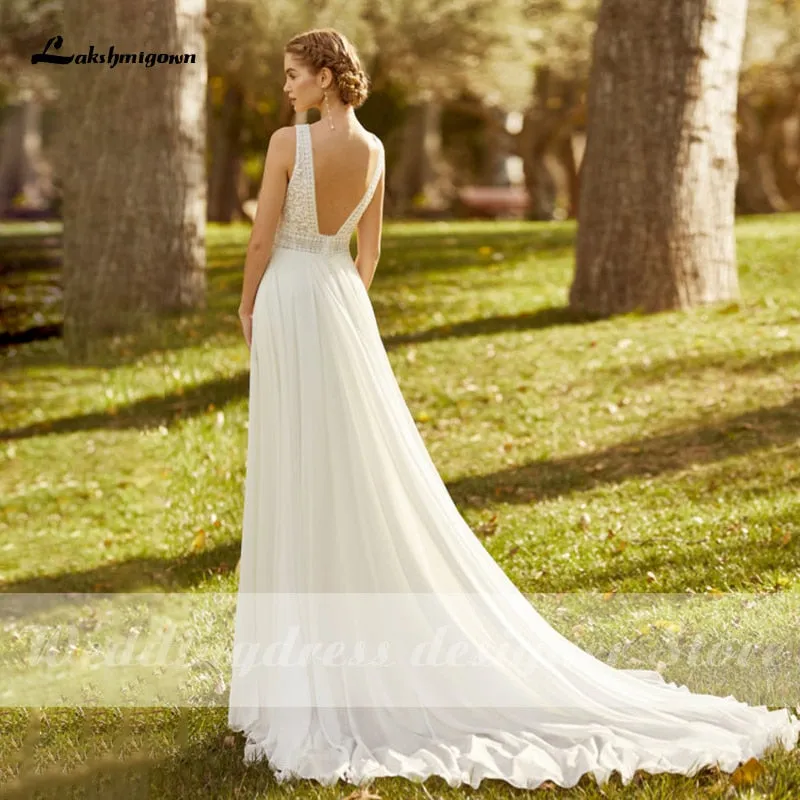 Roycebridal Lakshmigown Elegant Beach Wedding Dresses 2021 vestido de novia V Neck Boho Vintage Chiffon Wedding Bride Gown for Women