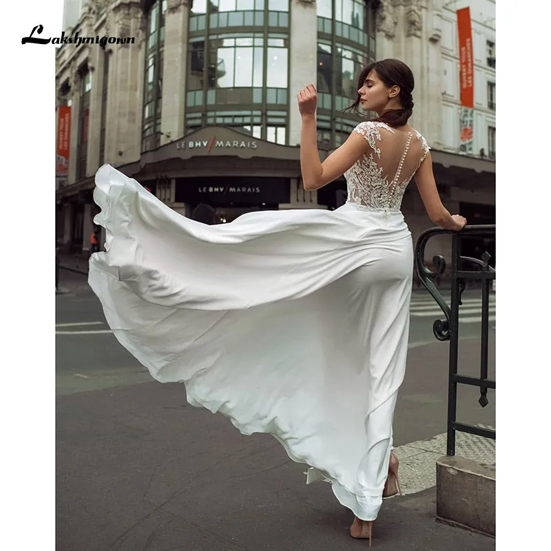 Roycebridal Lakshmigown Fashion Boho Slit Chiffon Wedding Dress 2021 High Quality V-neck Sweep Train Backless Bridal Gowns