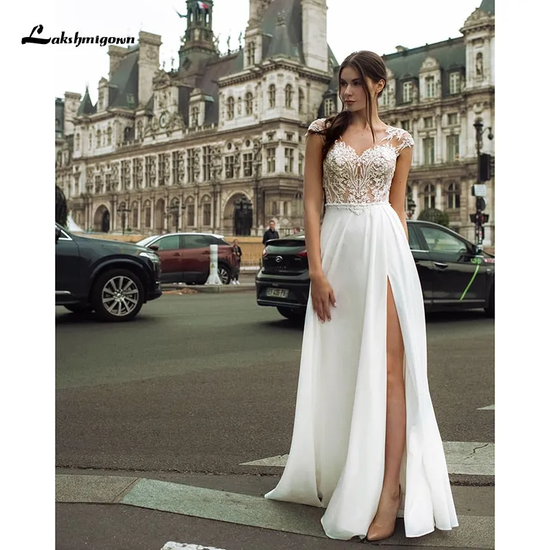 Roycebridal Lakshmigown Fashion Boho Slit Chiffon Wedding Dress 2021 High Quality V-neck Sweep Train Backless Bridal Gowns