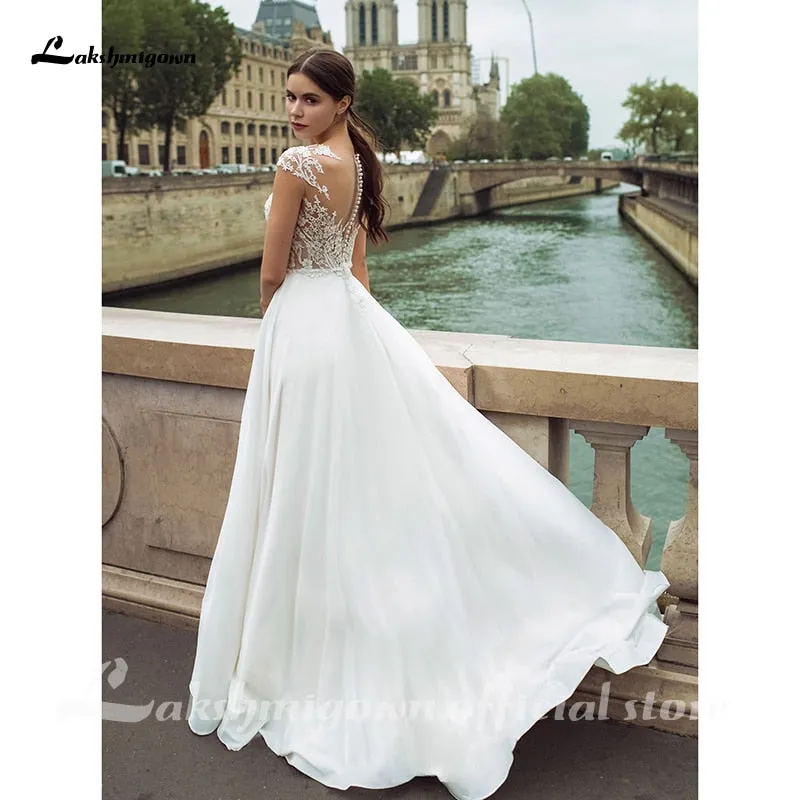 Roycebridal Lakshmigown Fashion Boho Slit Chiffon Wedding Dress 2021 High Quality V-neck Sweep Train Backless Bridal Gowns