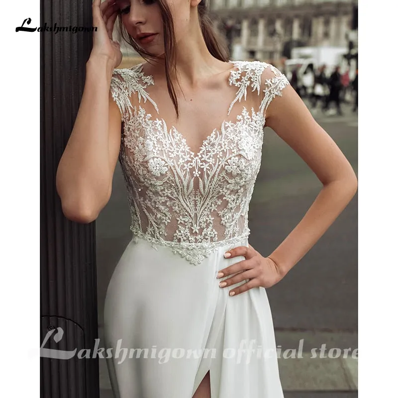 Roycebridal Lakshmigown Fashion Boho Slit Chiffon Wedding Dress 2021 High Quality V-neck Sweep Train Backless Bridal Gowns