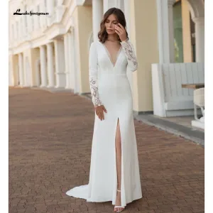 Roycebridal Long Sleeve Split Backless Lace Wedding Dresses