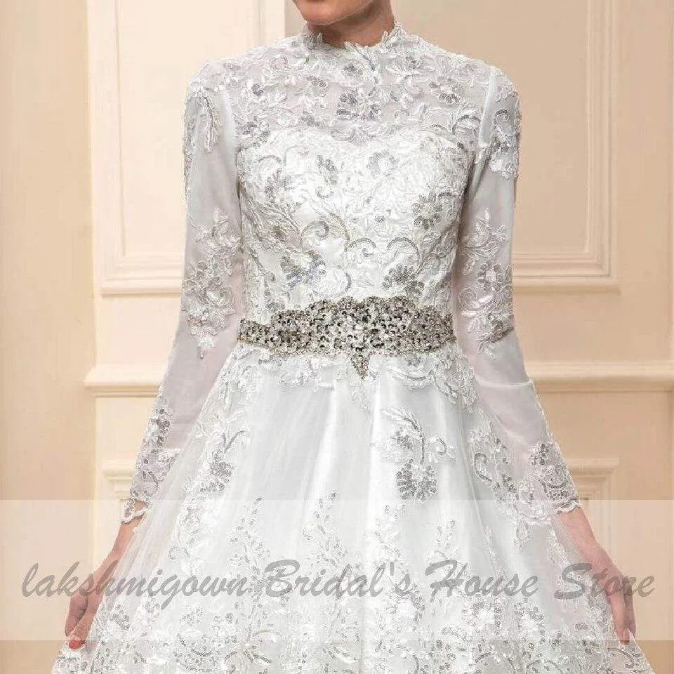 Roycebridal Long Sleeve Wedding Dress Glitter Lace Dubai Bridal Dresses