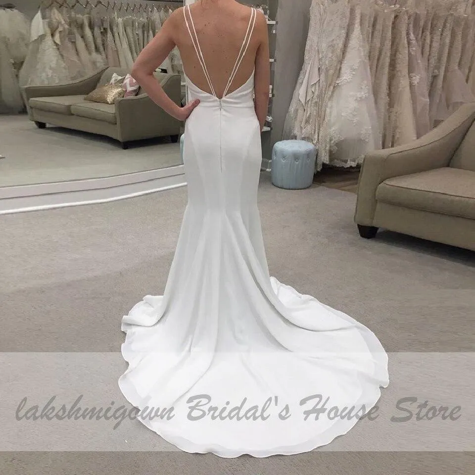 Roycebridal Mermaid Wedding Dress Open Back Bridal Dress Sheer O-neck Simple Satin