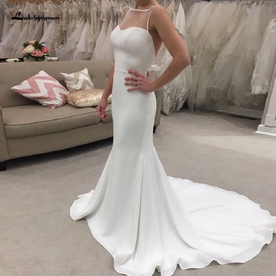 Roycebridal Mermaid Wedding Dress Open Back Bridal Dress Sheer O-neck Simple Satin