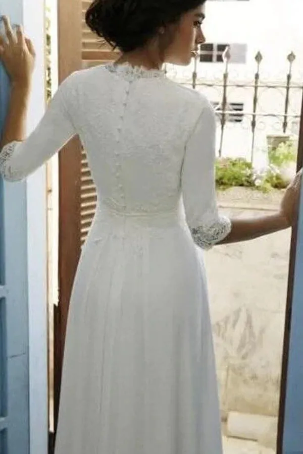 Roycebridal Modest 3/4 Sleeves Floor Length Chiffon Wedding Dresses with Lace Top, MW724