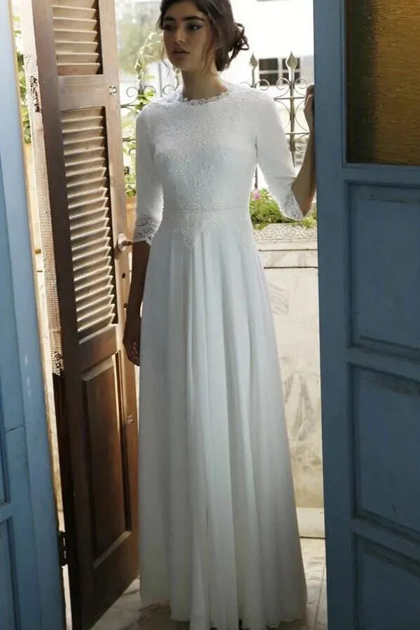 Roycebridal Modest 3/4 Sleeves Floor Length Chiffon Wedding Dresses with Lace Top, MW724
