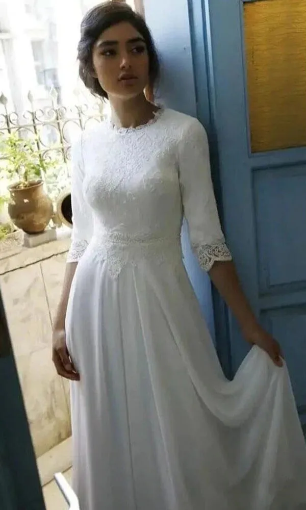 Roycebridal Modest 3/4 Sleeves Floor Length Chiffon Wedding Dresses with Lace Top, MW724