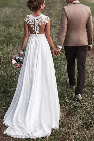 Roycebridal Off White Lace Cap Sleeves Chiffon Beach Wedding Dresses With Appliques, MW589