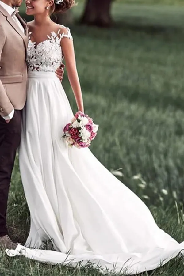 Roycebridal Off White Lace Cap Sleeves Chiffon Beach Wedding Dresses With Appliques, MW589