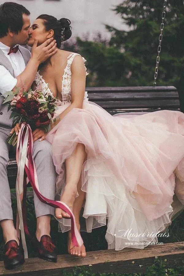 Roycebridal Pink Tulle A-line Backless Wedding Dress With Lace Appliques, Bridal Gown, MW944