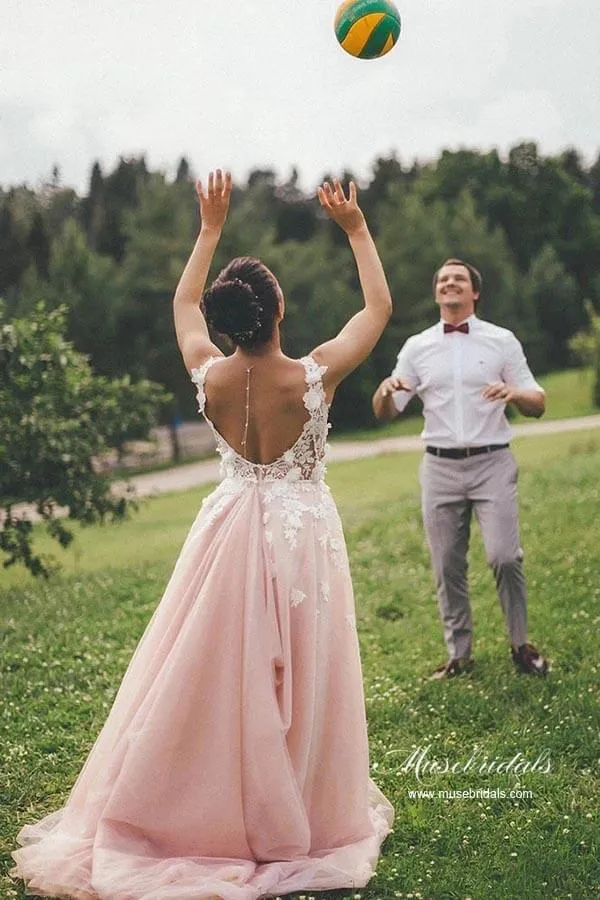 Roycebridal Pink Tulle A-line Backless Wedding Dress With Lace Appliques, Bridal Gown, MW944