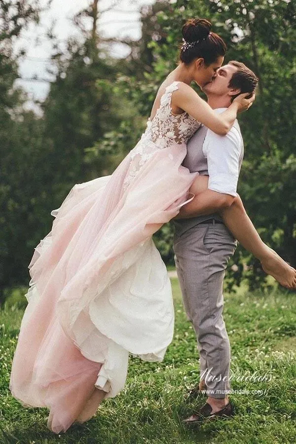 Roycebridal Pink Tulle A-line Backless Wedding Dress With Lace Appliques, Bridal Gown, MW944