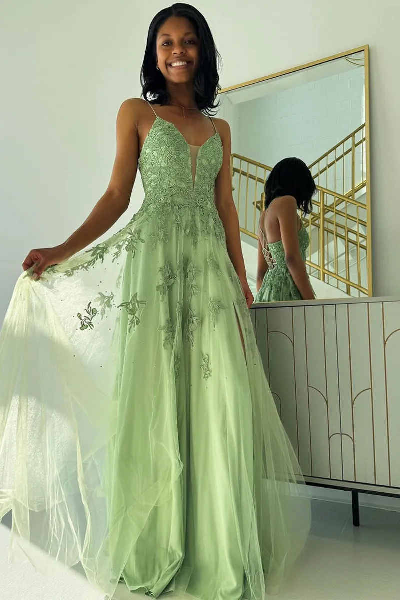 Roycebridal Sage Green V Neck Tulle A-Line Long Prom Dresses with Appliques