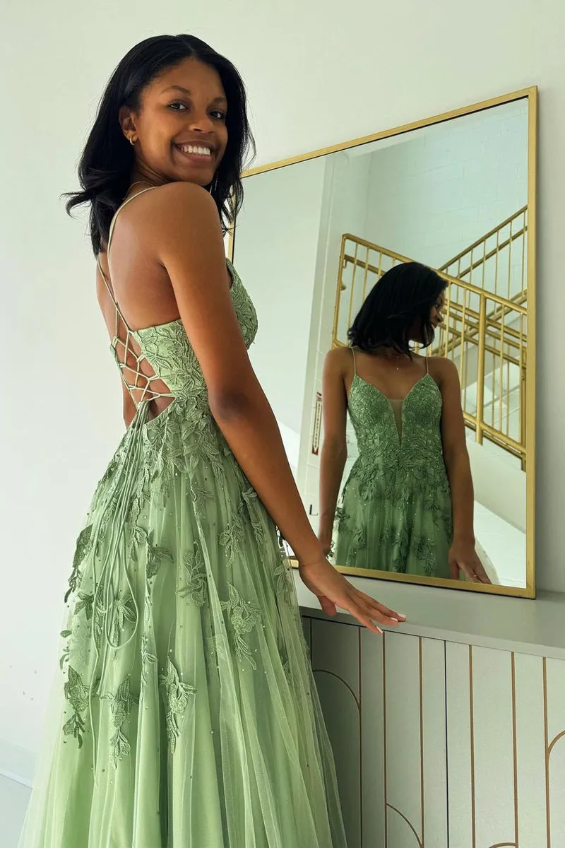 Roycebridal Sage Green V Neck Tulle A-Line Long Prom Dresses with Appliques