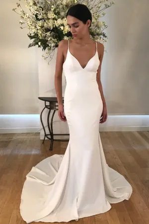 Roycebridal Satin Mermaid Spaghetti Straps V-neck Wedding Dresses with Train, MW670