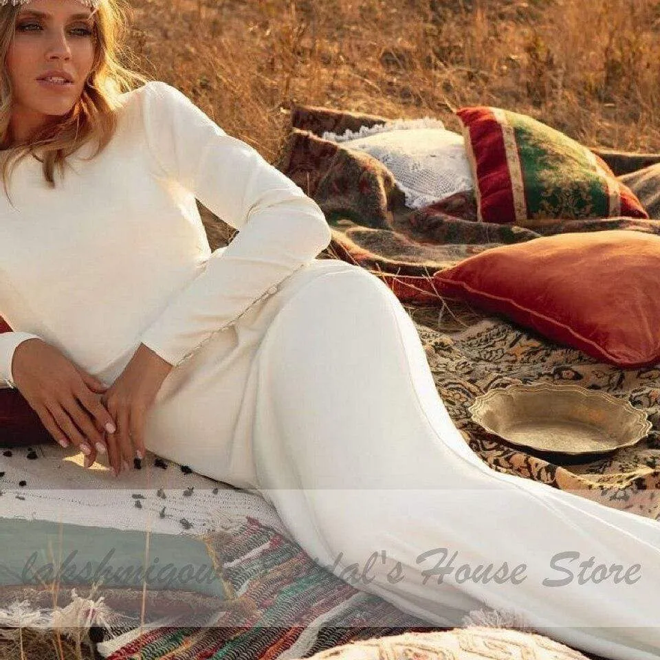 Roycebridal Satin Mermaid Wedding Dresses Sexy Backless Long Sleeves Bridal Gown