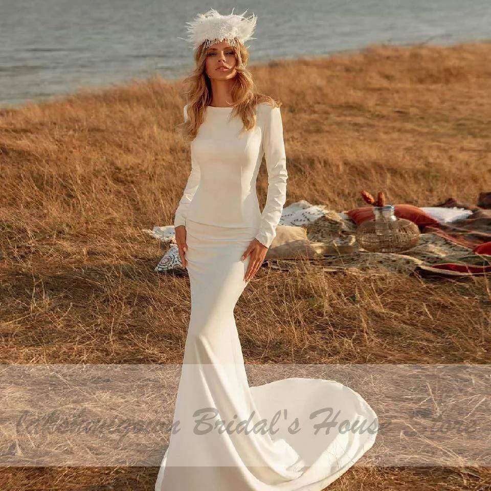 Roycebridal Satin Mermaid Wedding Dresses Sexy Backless Long Sleeves Bridal Gown