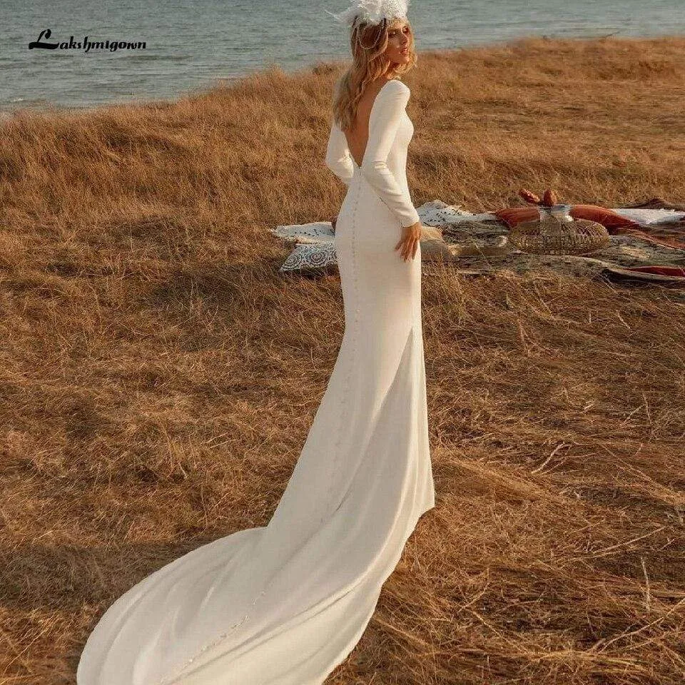 Roycebridal Satin Mermaid Wedding Dresses Sexy Backless Long Sleeves Bridal Gown