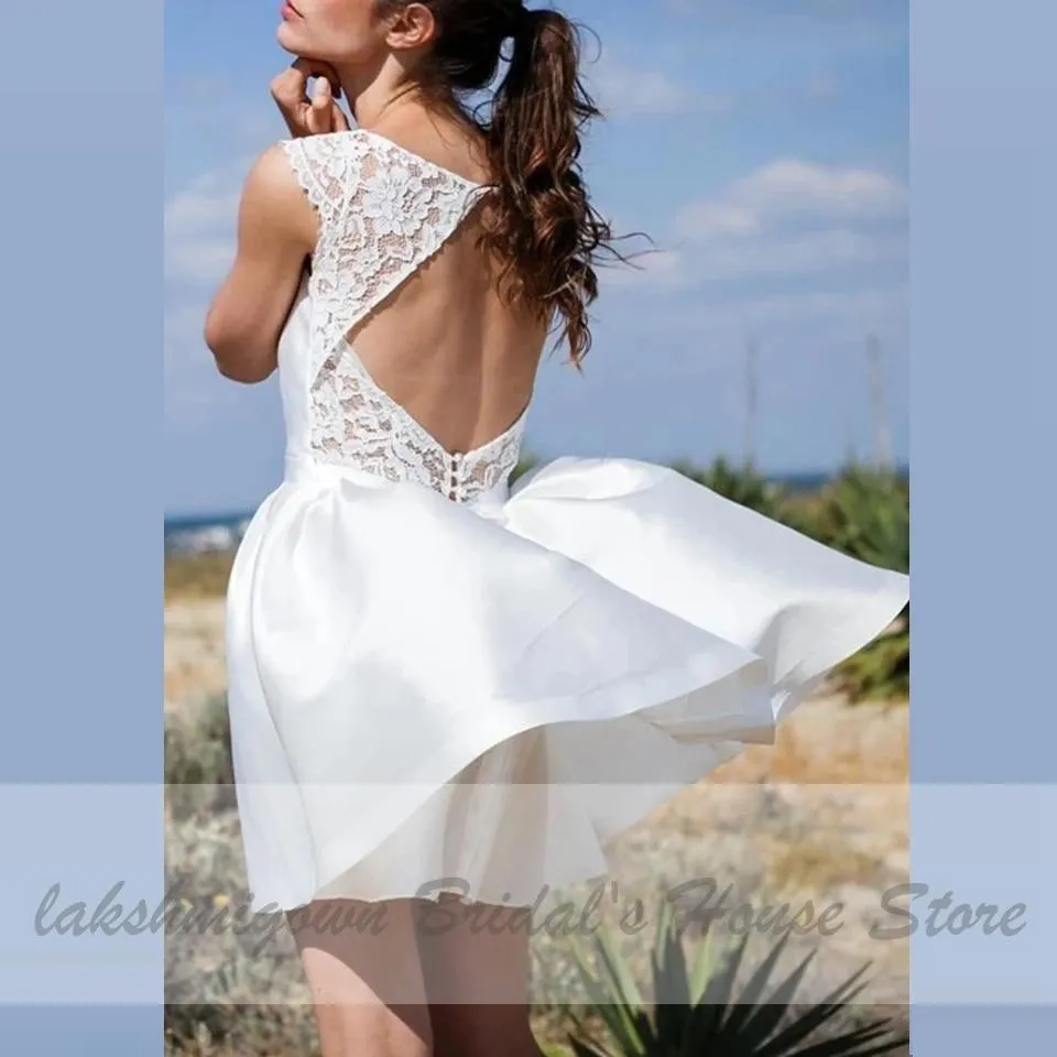 Roycebridal Satin Short Wedding Dress Lace Neckline Sexy Bridal Gown