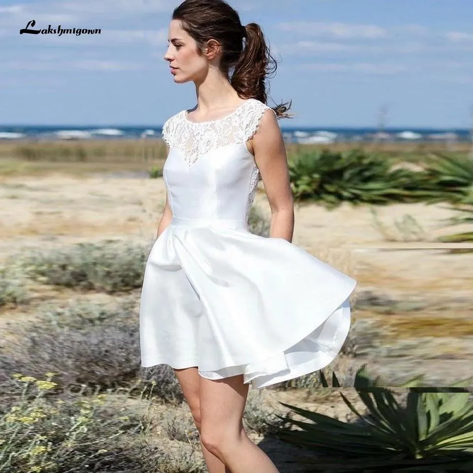 Roycebridal Satin Short Wedding Dress Lace Neckline Sexy Bridal Gown