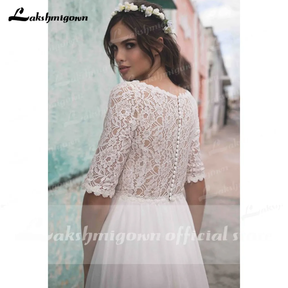 Roycebridal Simple half sleeves lace Wedding Dress ivory Beach Bohemian Bridal Gowns Lace Backless Vestidos Boda Boho Style Robe de mariee