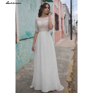 Roycebridal Simple half sleeves lace Wedding Dress ivory Beach Bohemian Bridal Gowns Lace Backless Vestidos Boda Boho Style Robe de mariee