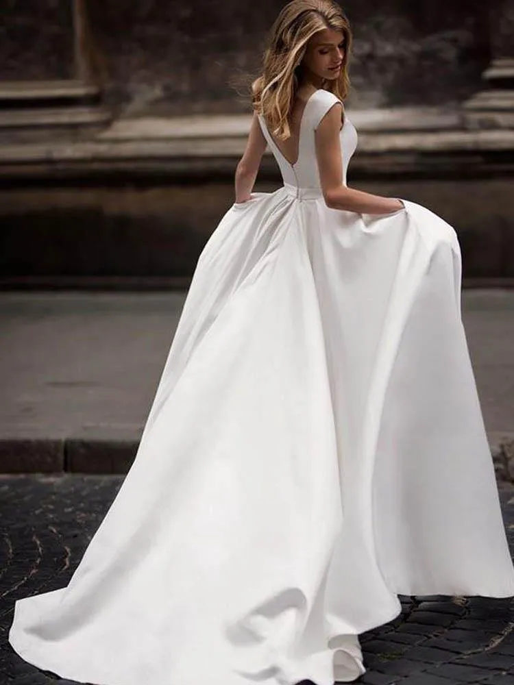 Roycebridal Simple Ivory Satin Vintage A-line Princess Wedding Dresses With Pockets, MW698