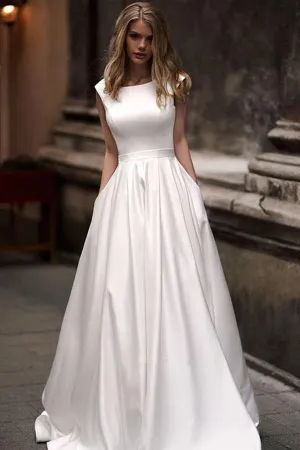 Roycebridal Simple Ivory Satin Vintage A-line Princess Wedding Dresses With Pockets, MW698