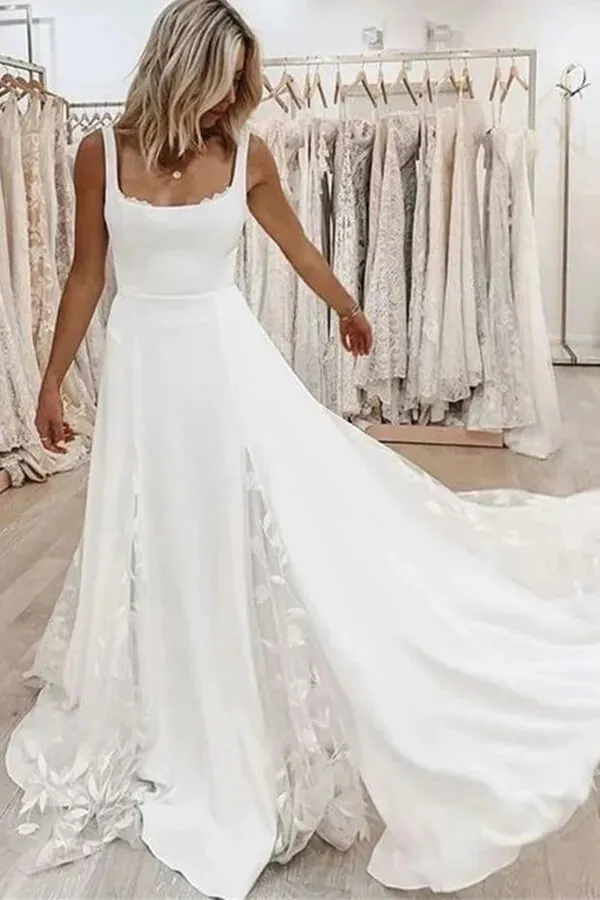 Roycebridal Simple Satin A-line Square Neckline Beach Wedding Dresses, Bridal Gown, MW805