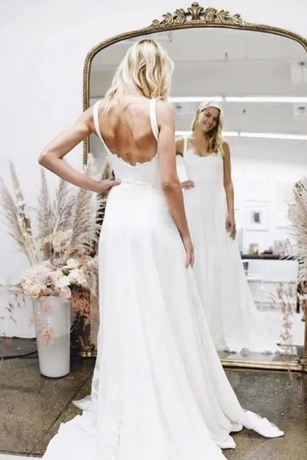 Roycebridal Simple Satin A-line Square Neckline Beach Wedding Dresses, Bridal Gown, MW805