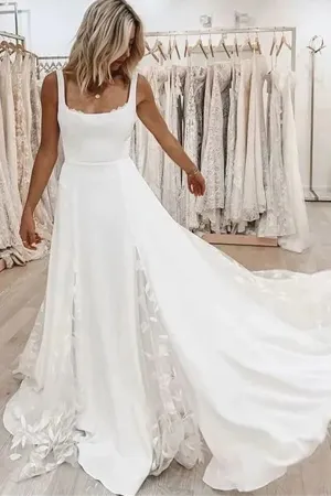 Roycebridal Simple Satin A-line Square Neckline Beach Wedding Dresses, Bridal Gown, MW805