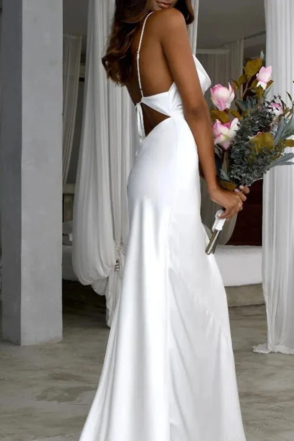 Roycebridal Simple Silk Satin Mermaid Backless Spaghetti Straps Wedding Dresses, MW602