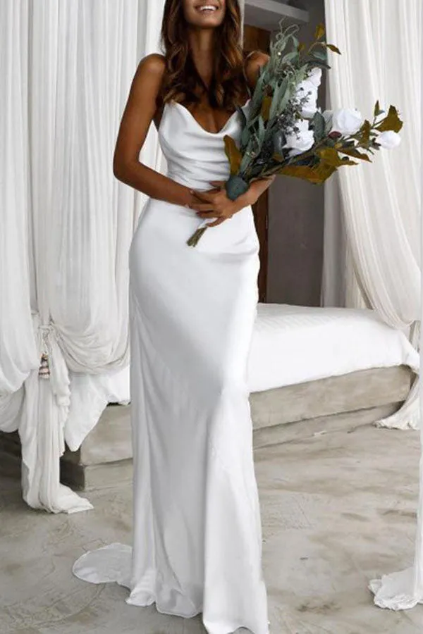 Roycebridal Simple Silk Satin Mermaid Backless Spaghetti Straps Wedding Dresses, MW602